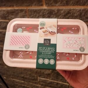 Christmas candy cane bento lunchbox box  2 compartments cutlery 2 containers NEW